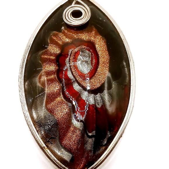 Pendant Handmade Black Abstract Swirl Design Metallic Glass Wire Wrap Accents - Picture 3 of 10